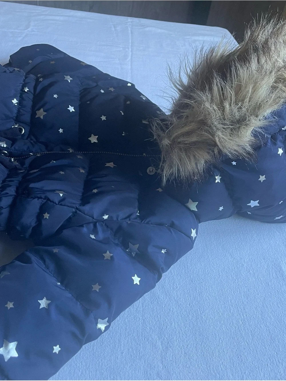 GAP Navy Puffer Coat with Gold Star Print and Faux Fur Hood